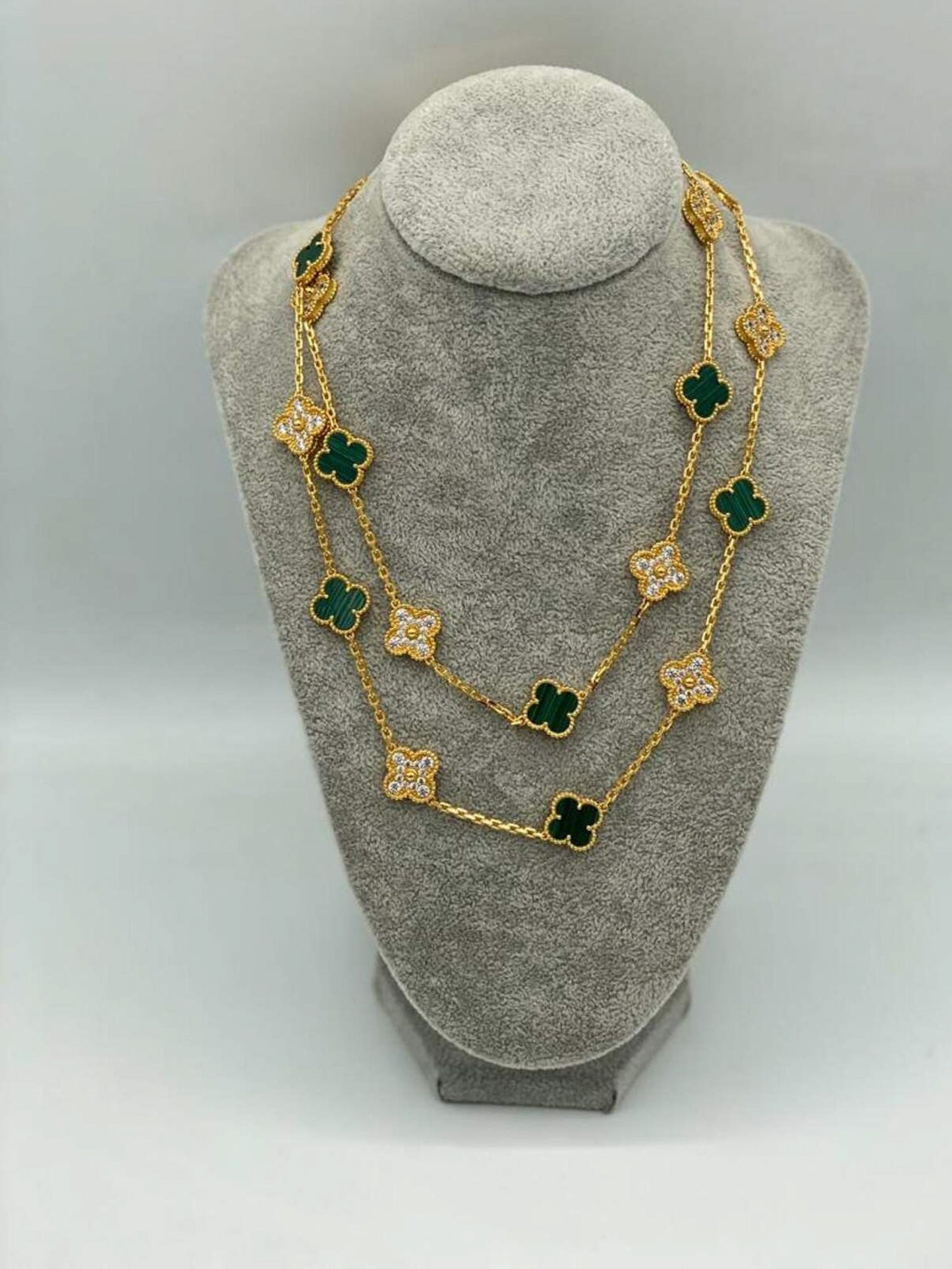 20 motif Malachite & CZ  clover necklace 925 silver 18k gold plated 84 cm long